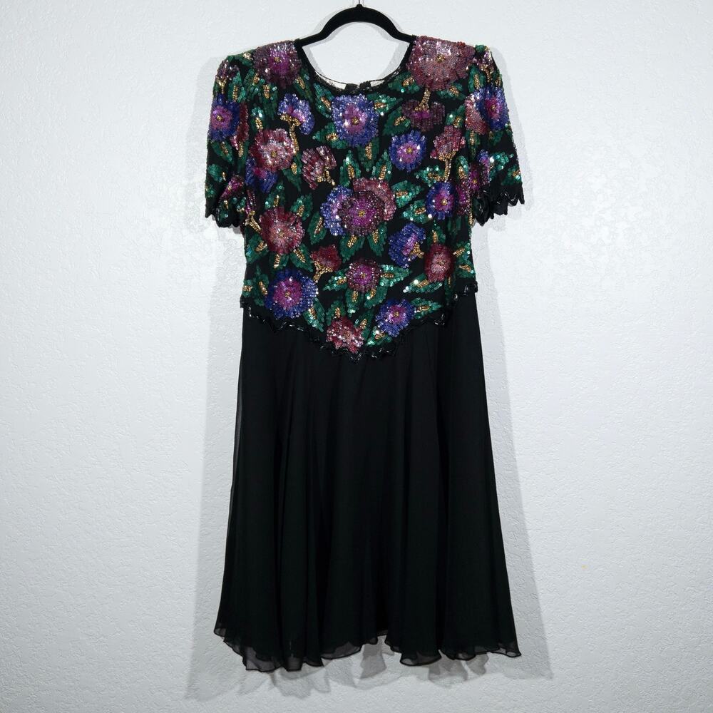 Vintage Laurence Kazar Black Sequin Floral 100% Silk Dress XL Petite